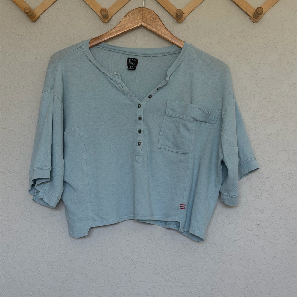 BDG Light Blue Ribbed Boxy Henley Crop Top
